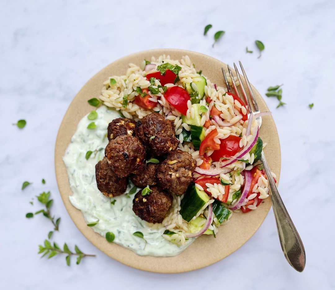Greek Orzo Salad With Meatballs And Tzatziki