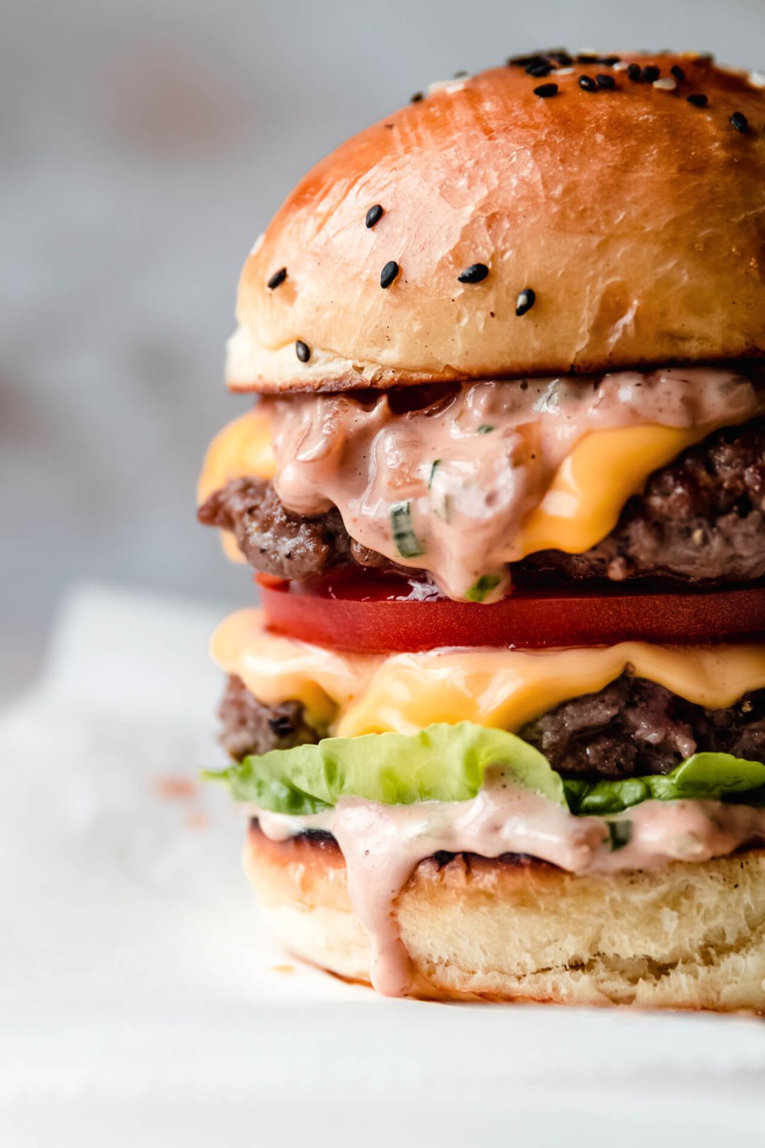 Double cheeseburger with caramelized onion sauce