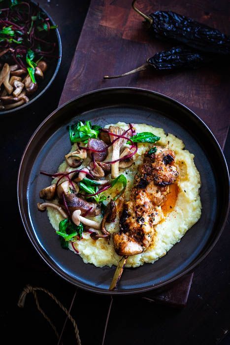 Delicious chicken skewer with parsnip puree