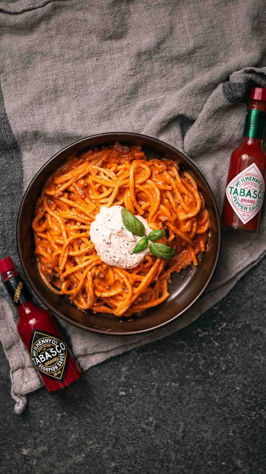 Pasta roasted tomato sauce, spicy whipped ricotta & minced meat