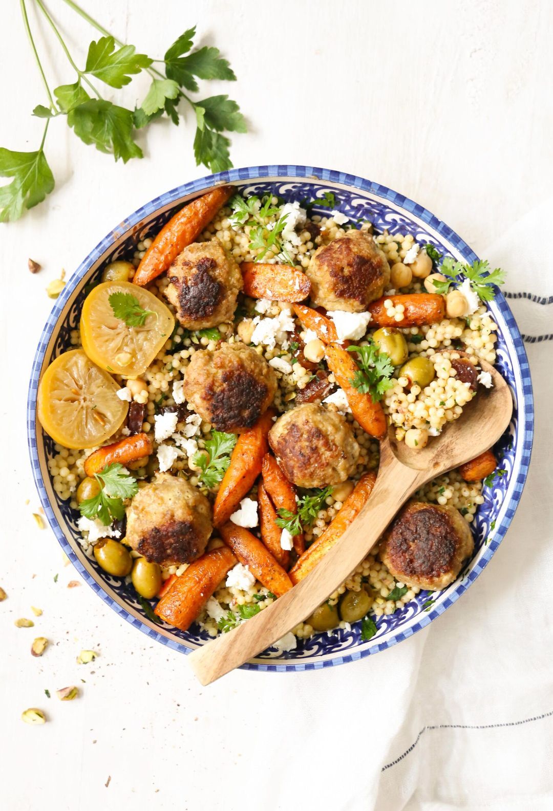 Couscous salad with meatballs, roasted carrots and feta