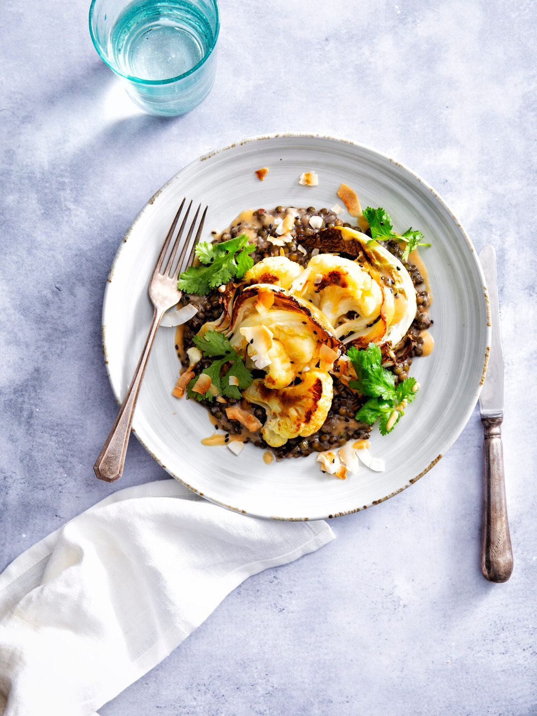 Roasted curry cauliflower with lentils and coconut dressing