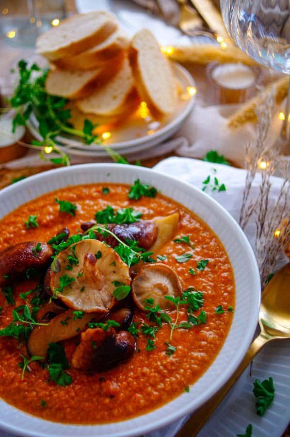 Mushroom soup with red pesto