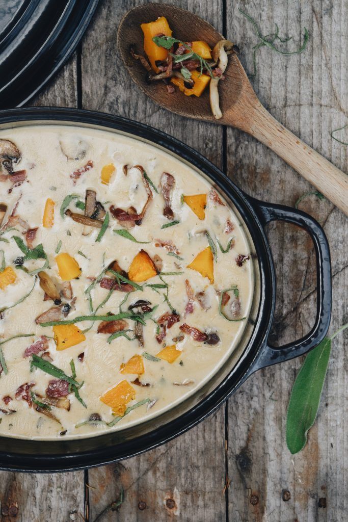 Turkey stew with mushroom, pumpkin, bacon and sage.