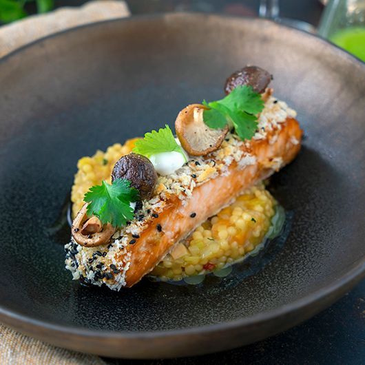Salmon, teriyaki risotto of pearl couscous and shiitake
