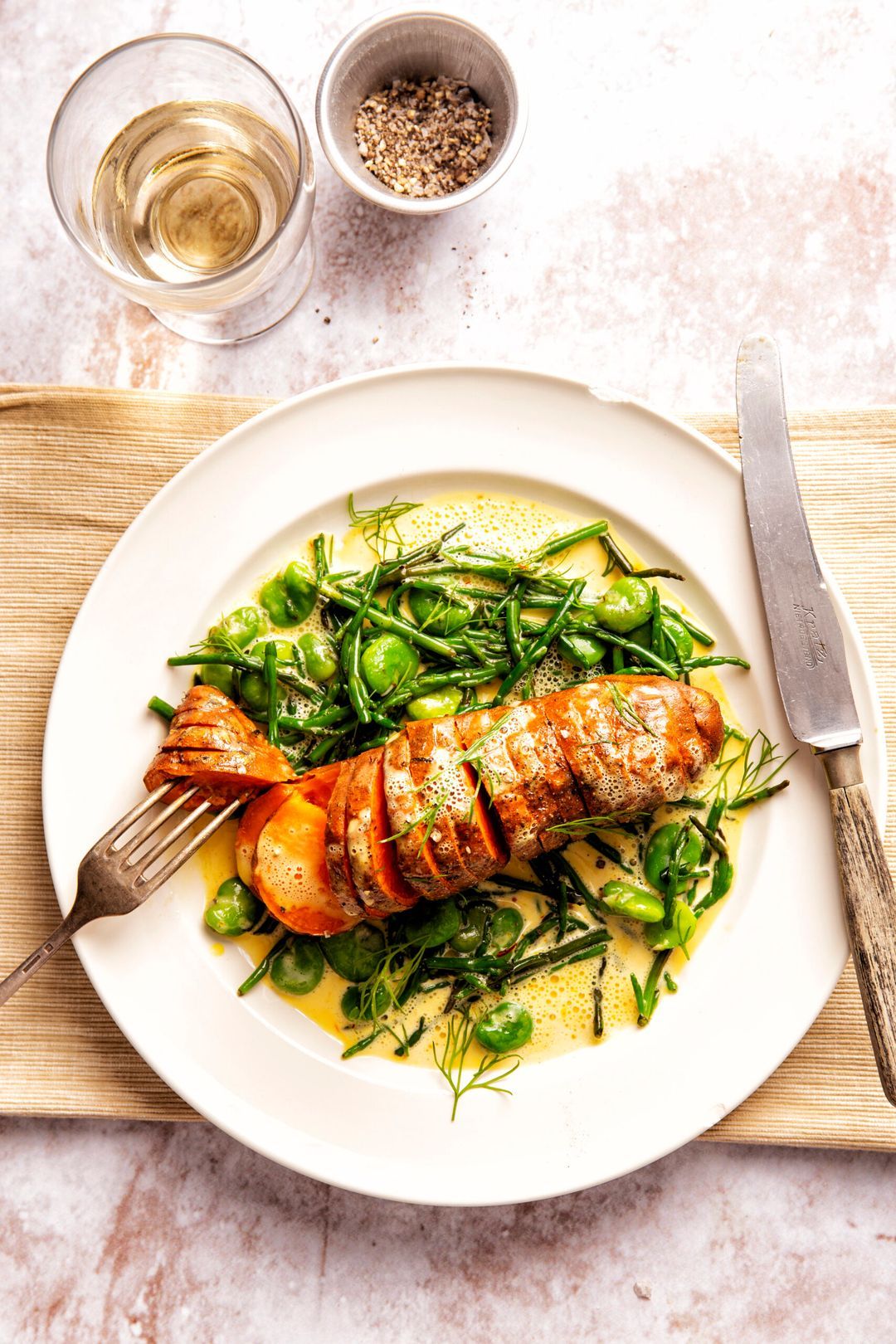 Roasted sweet potato with samphire and saffron sauce