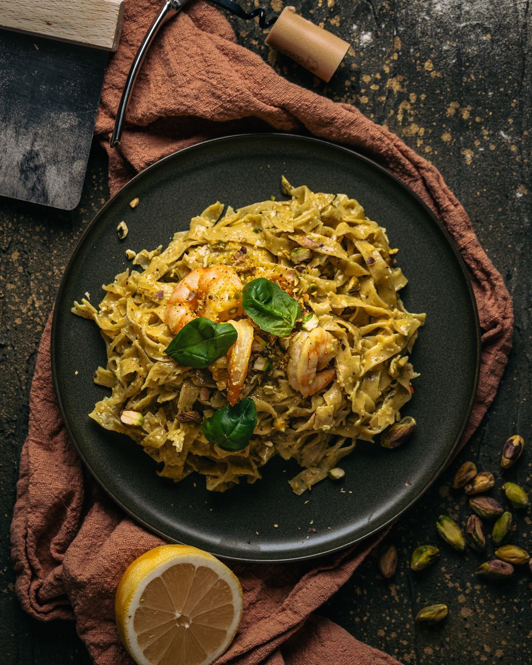 Homemade pistachio tagliatelle with creamy scampi 🤤🍤