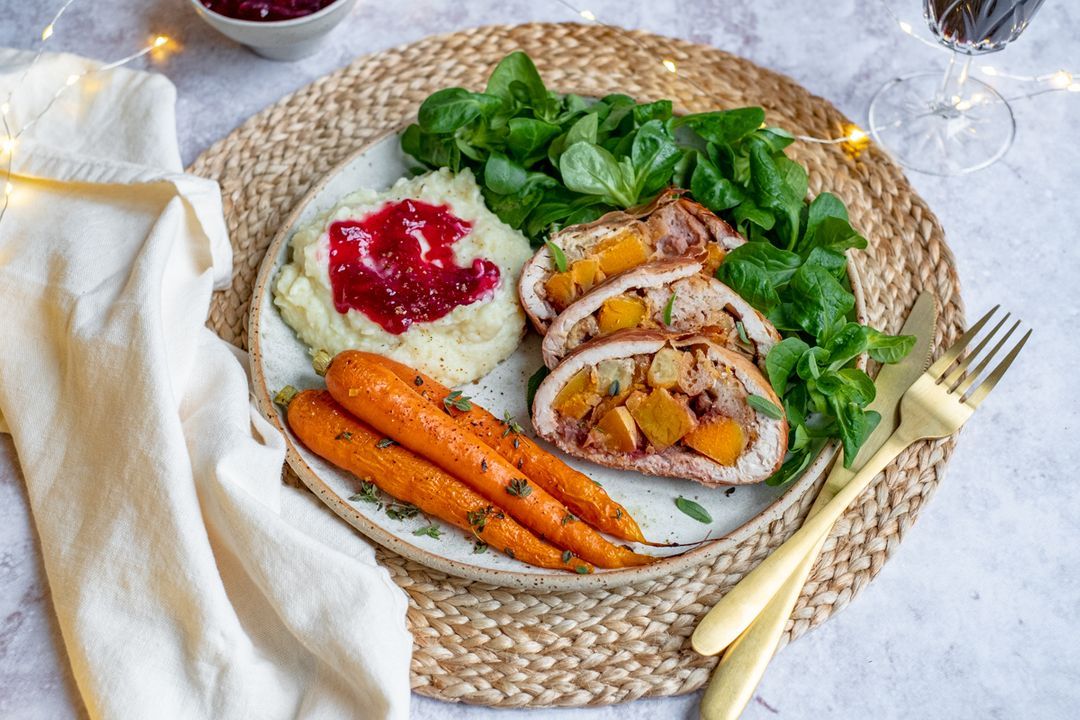 Turkey roulade with butternut, apple and walnuts
