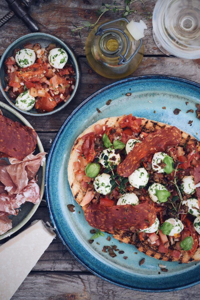 Bruscetta with tomato, chorizo and mozzarella