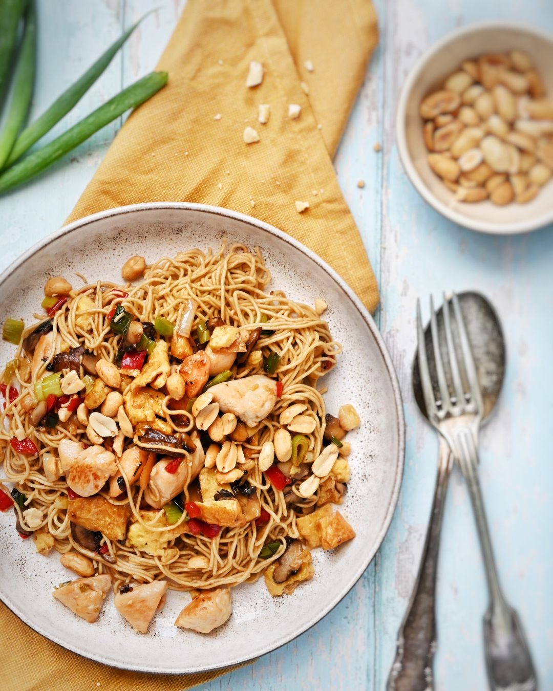 Whole wheat noodle with chicken in ketjap sesame sauce