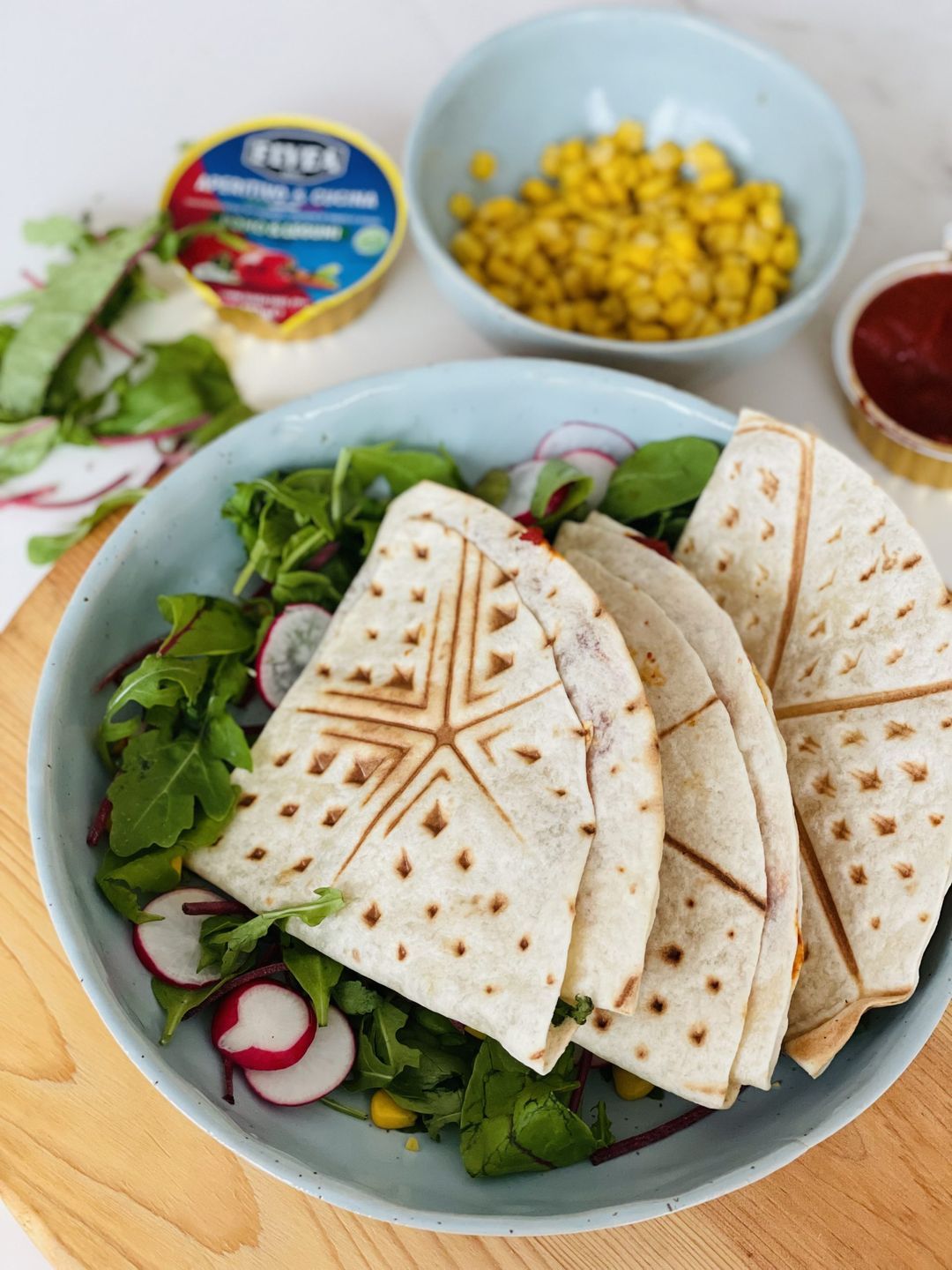 Crispy quesadilla with tuna, corn and tomato