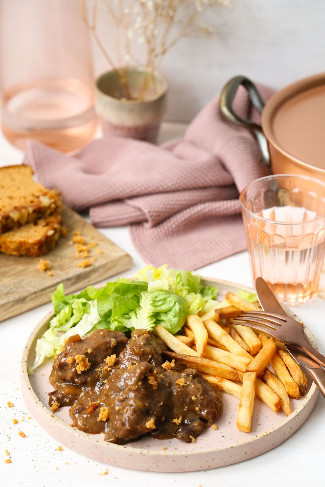Pork cheek stew with plums and gingerbread