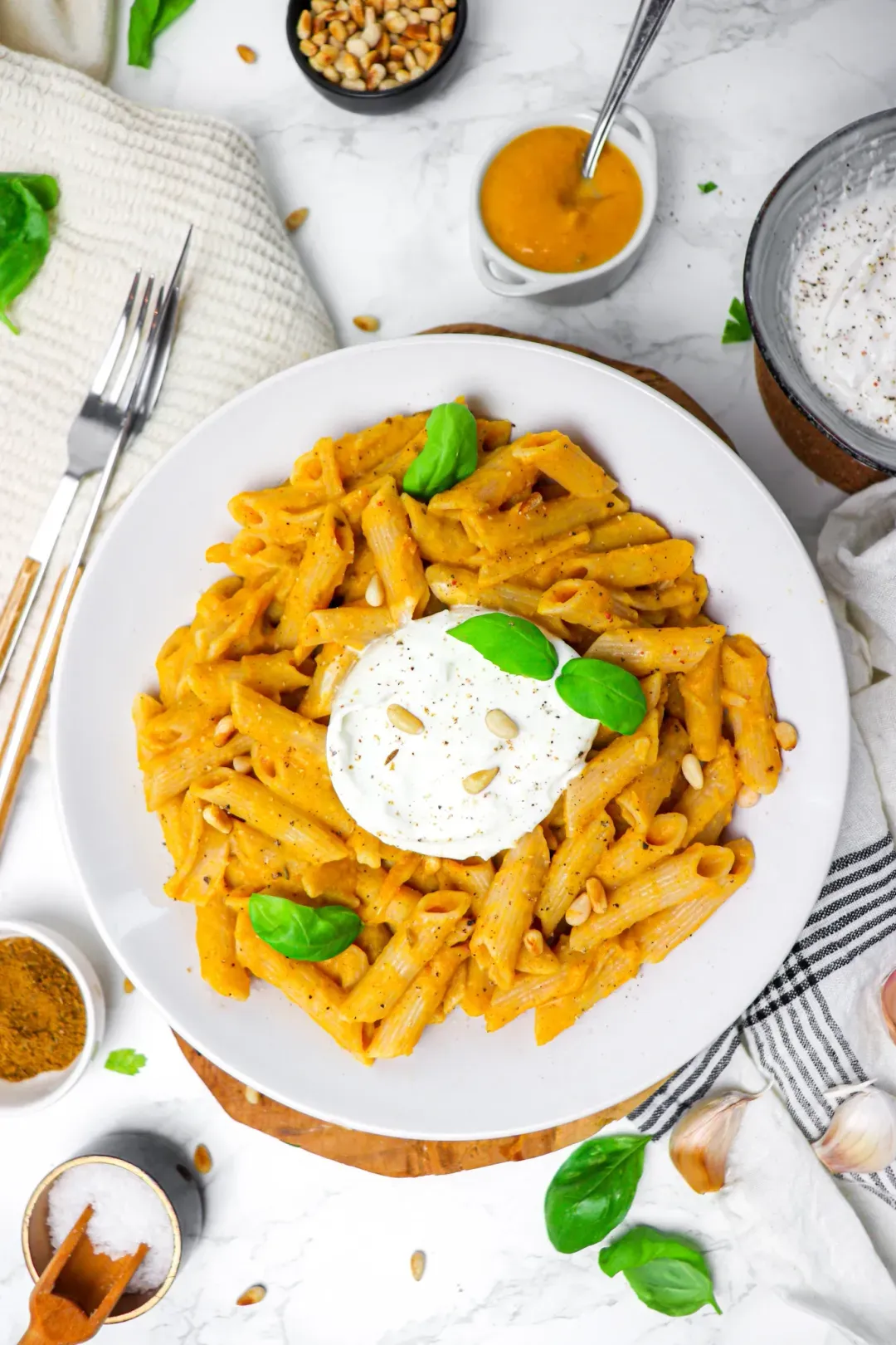 Penne with butternut cream and burrata