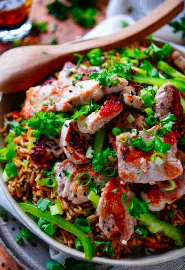 Rice from the oven with pork tenderloin