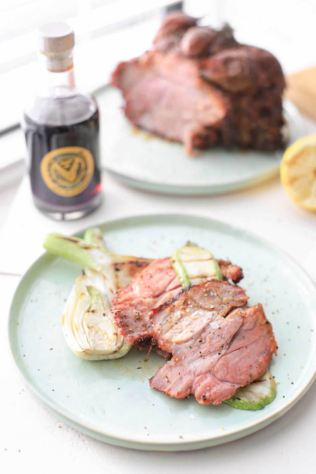 Grilled attorney with fennel, port syrup and lemon