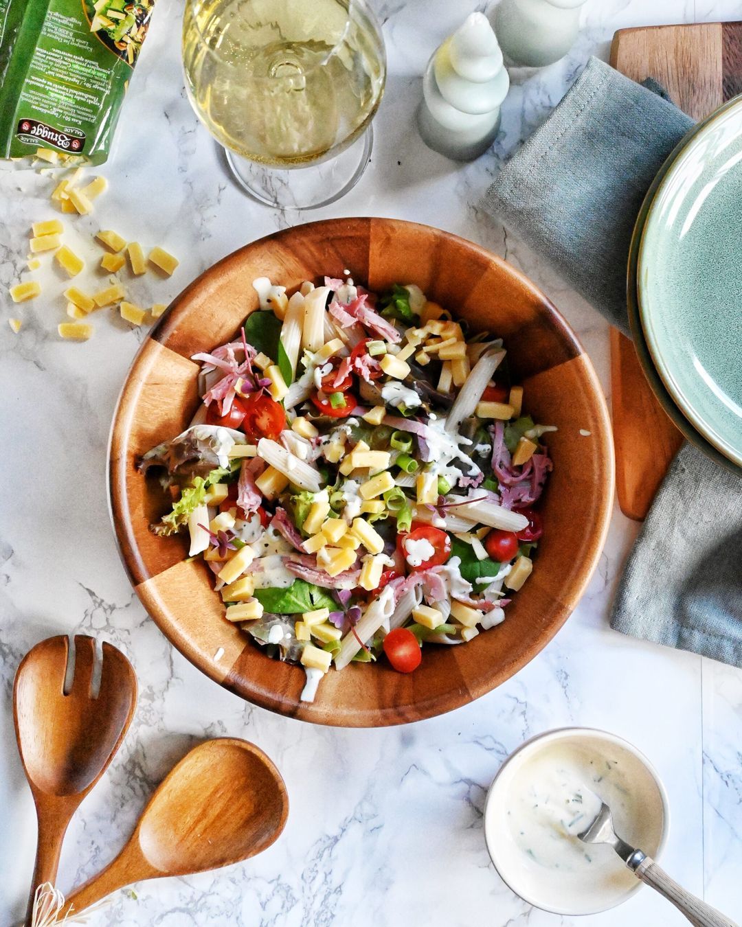 Pasta salad with mature Bruges Cheese strips