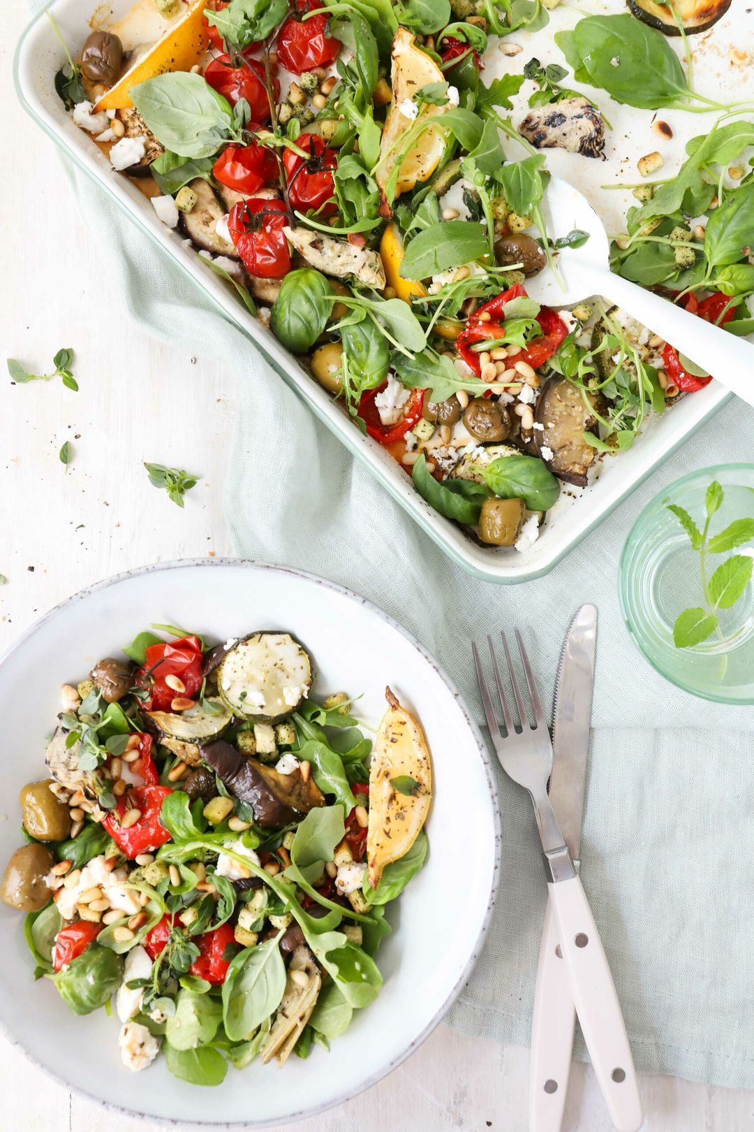 Traybake salad with southern vegetables and feta