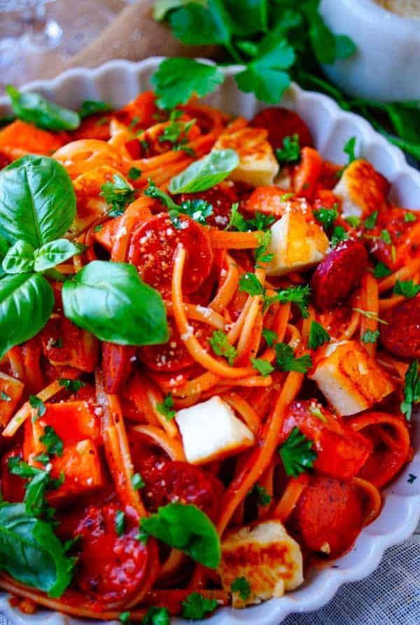 Pasta with chorizo and halloumi