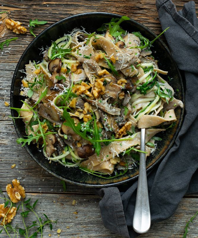 Pappardelle with mushrooms in a goat cheese sauce