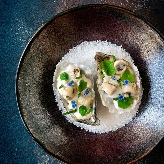 Oysters with daikon salad and oyster cream