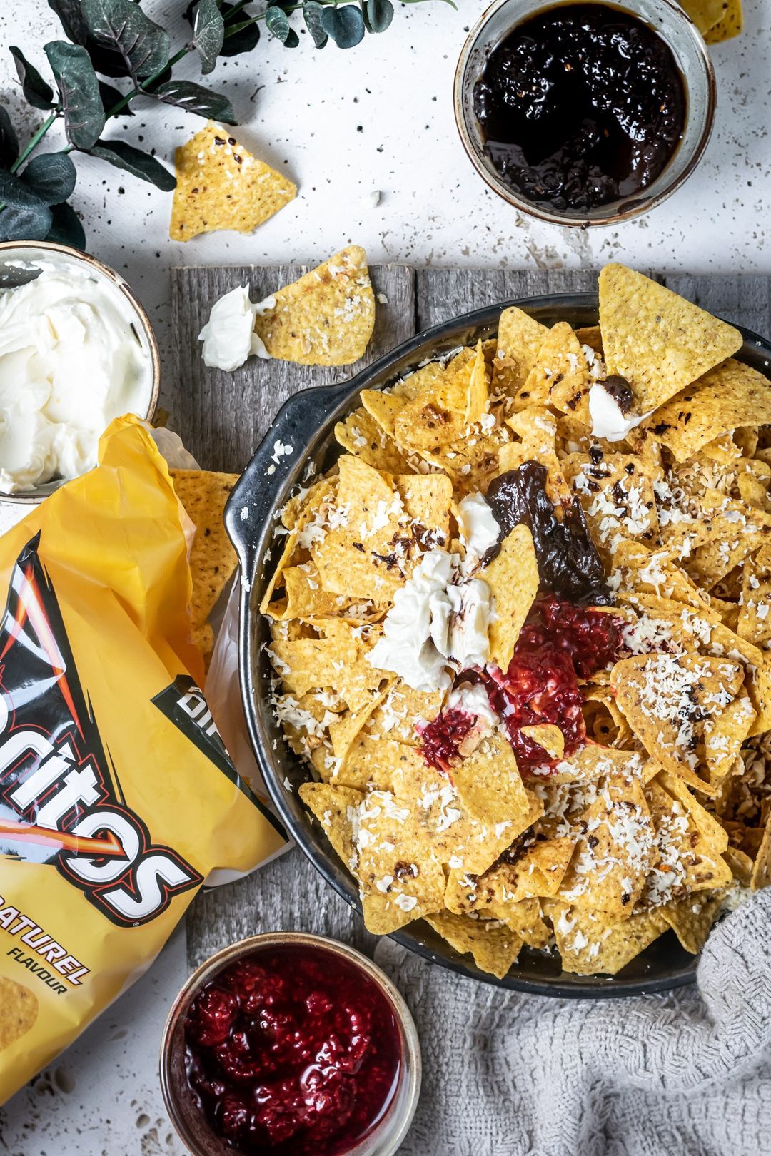 Nacho dish with chocolate for dessert