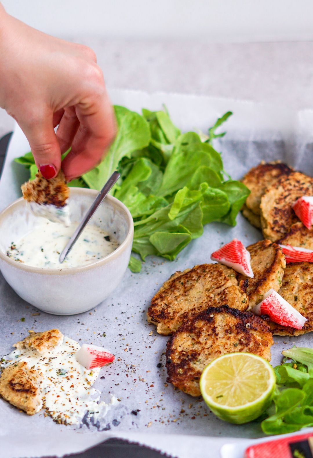 Surimi pancakes with lime garlic sauce