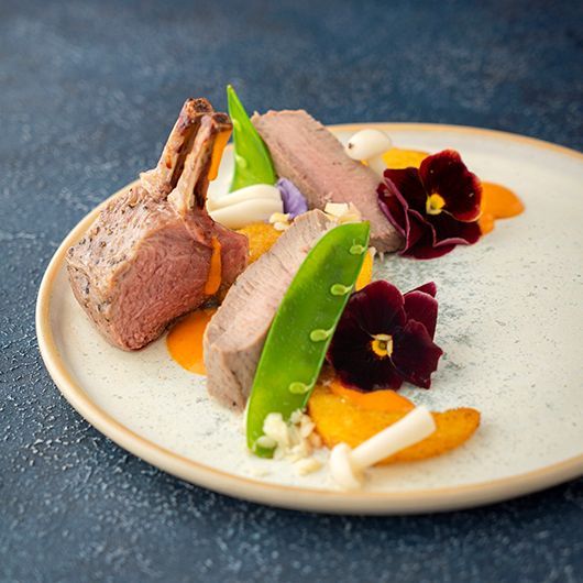 Lamb crown and fillet, cream of red pointed pepper, polenta