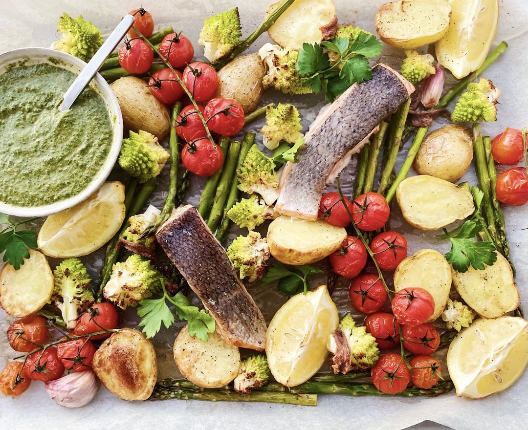 Salmon And Vegetable Griddle With Salsa Verde