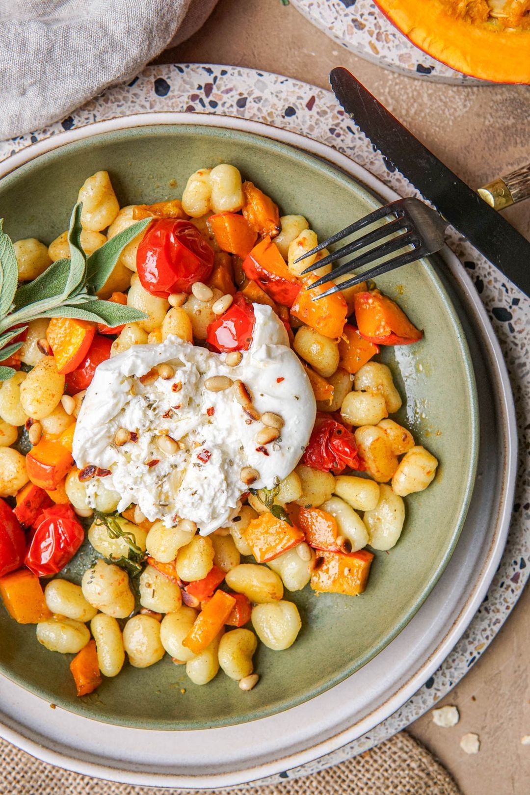Gnocchi with grilled pumpkin and burrata