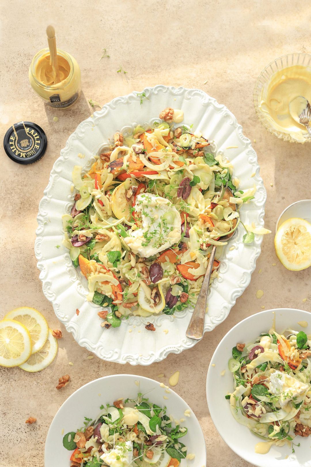 Goat cheese salad, orzo, pumpkin, mustard dressing