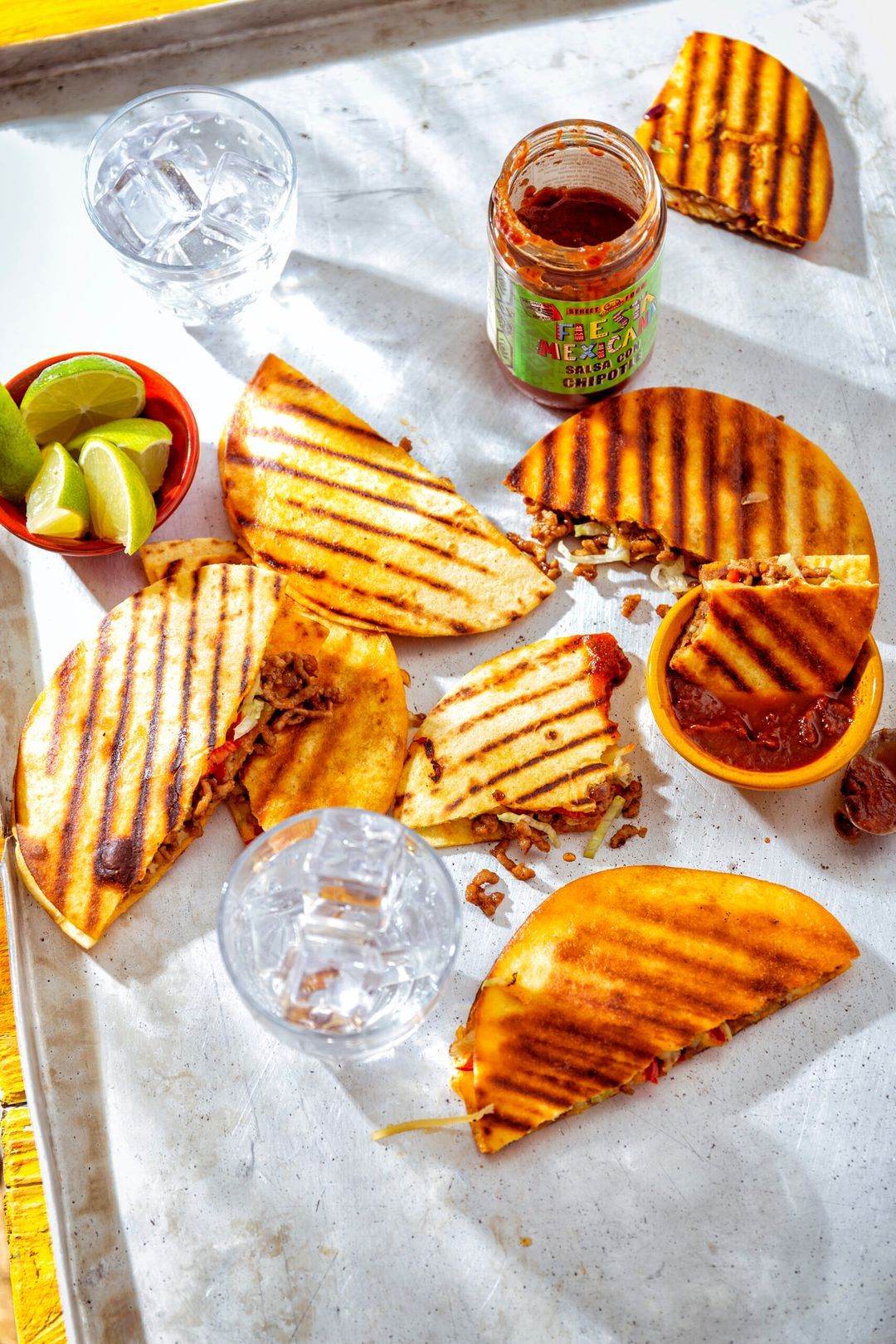 Tortilla sandwich with spicy minced meat and cheese