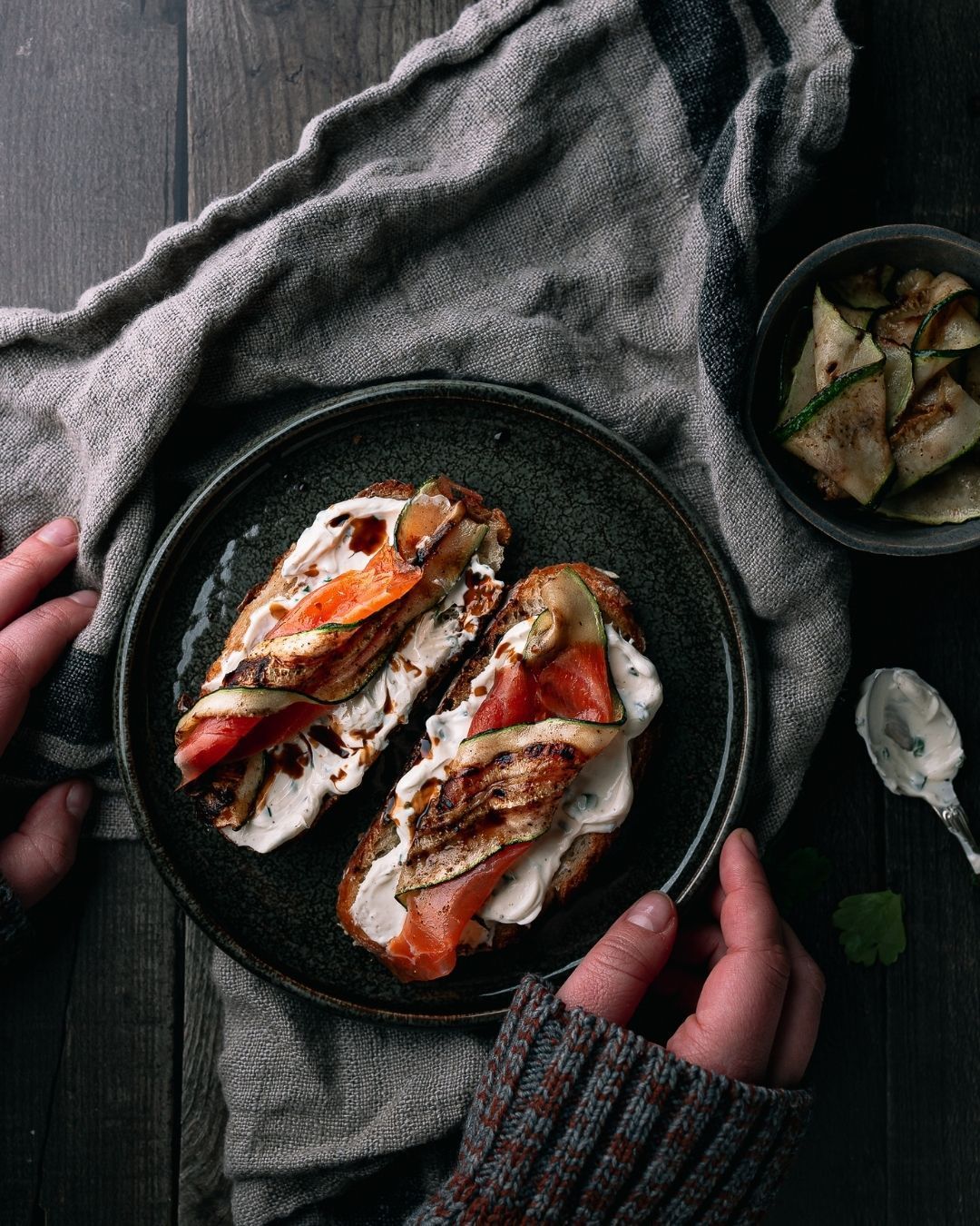 Delicious bruschetta with salmon & zucchini