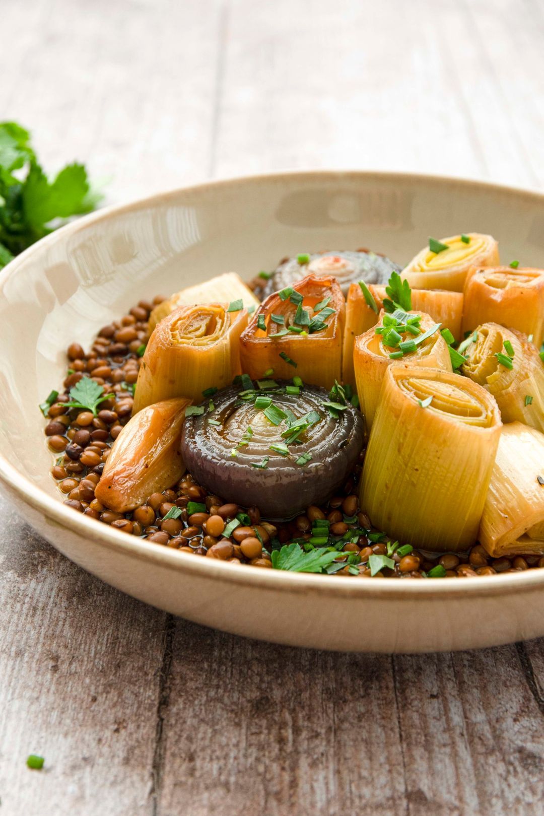 Lentil, leek and candied onion salad
