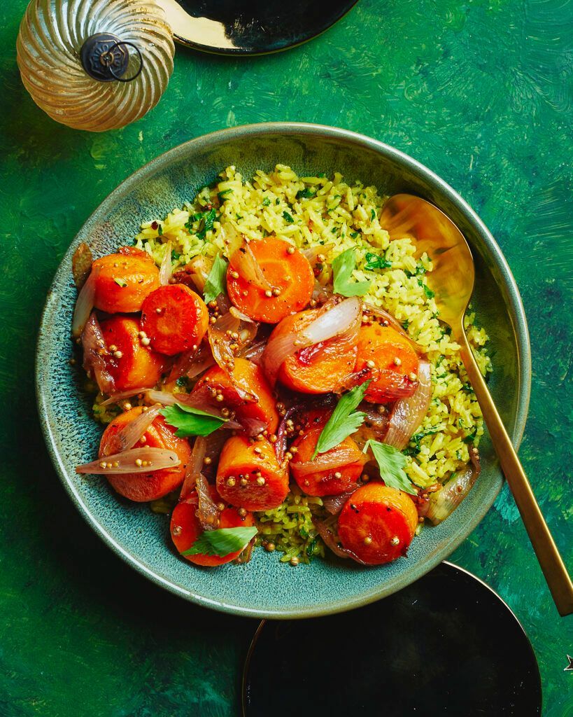 Pilav with lovage, braised vegetables and red wine vinegar