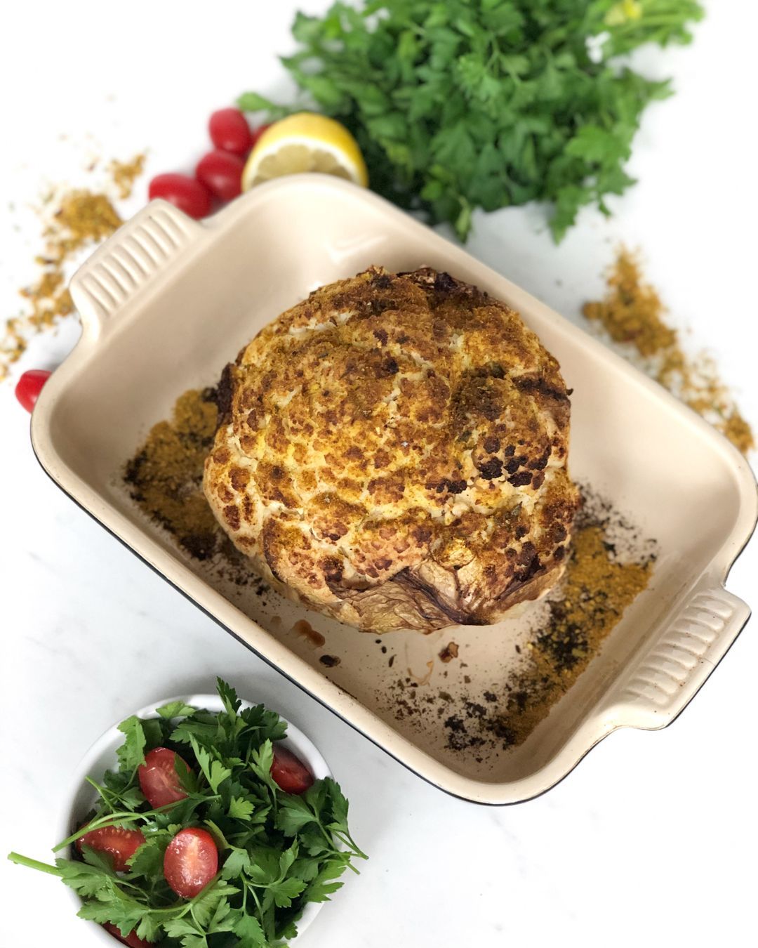 Roasted cauliflower with curry and tabbouleh