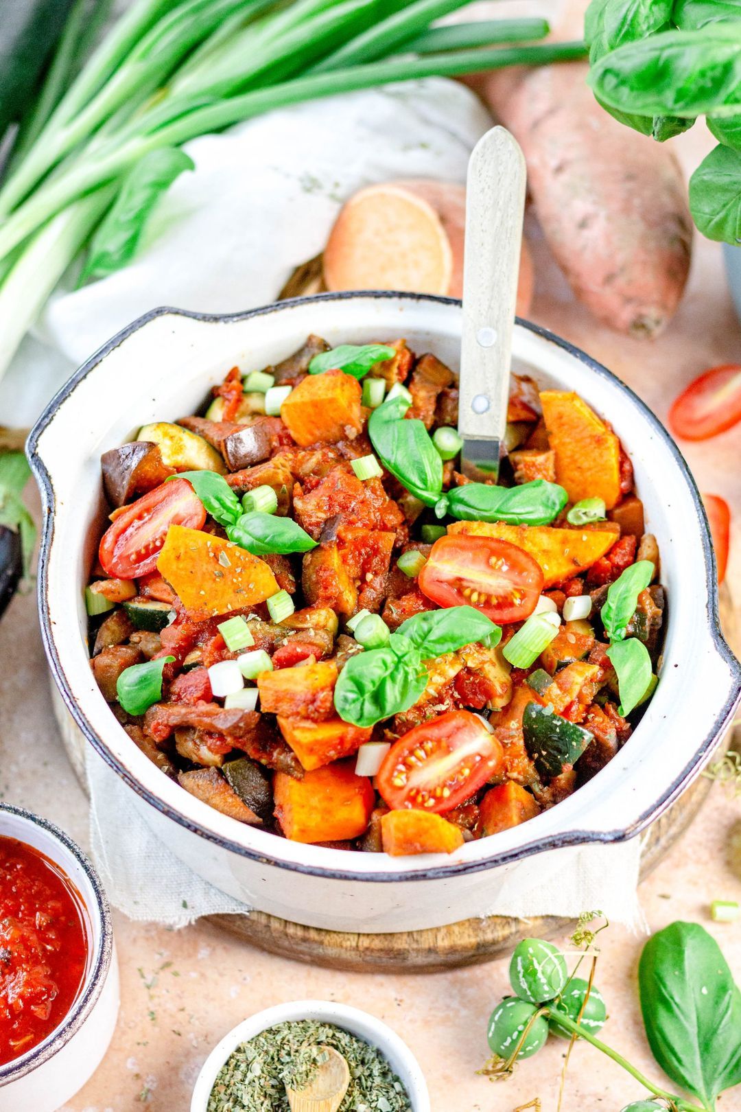 Healthy Italian stew with sweet potato, chicken & aubergine