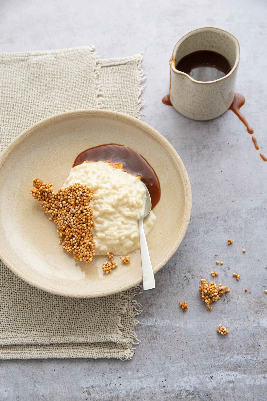 Rice pudding, miso caramel, crispy quinoa