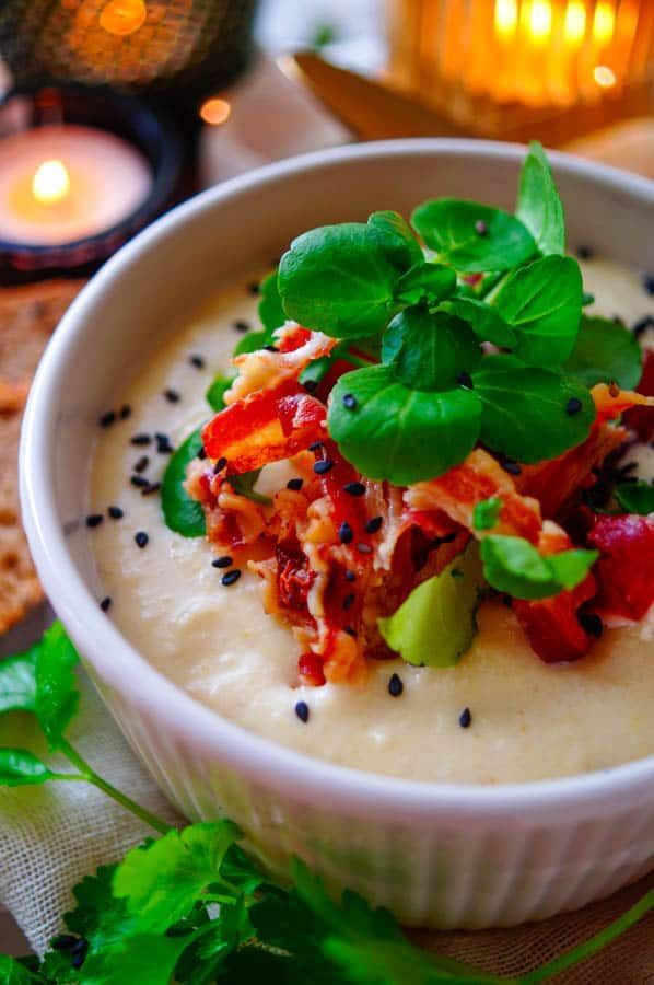 Roasted celeriac soup with pancetta