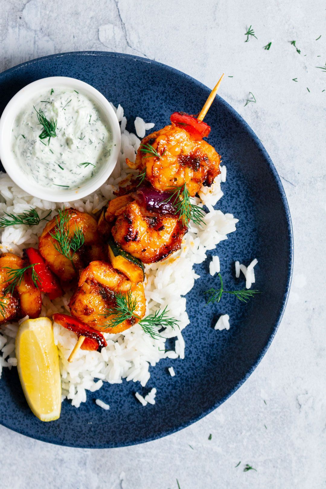 Marinated scampi with tzatziki and rice