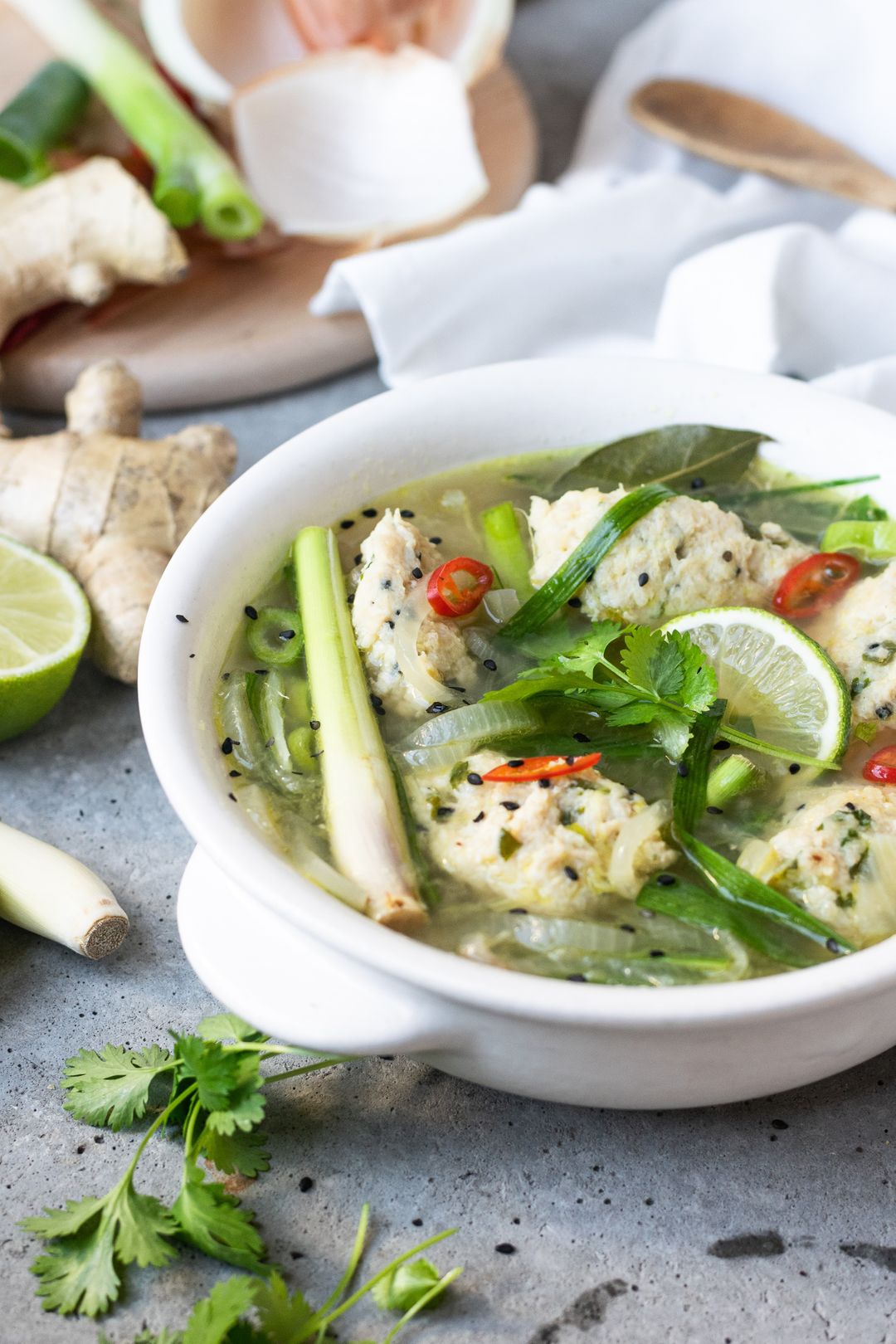 Quick chicken soup with ginger, lemongrass and chicken dumplings