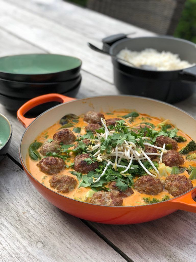 Meatballs with Thai red curry & peanut sauce
