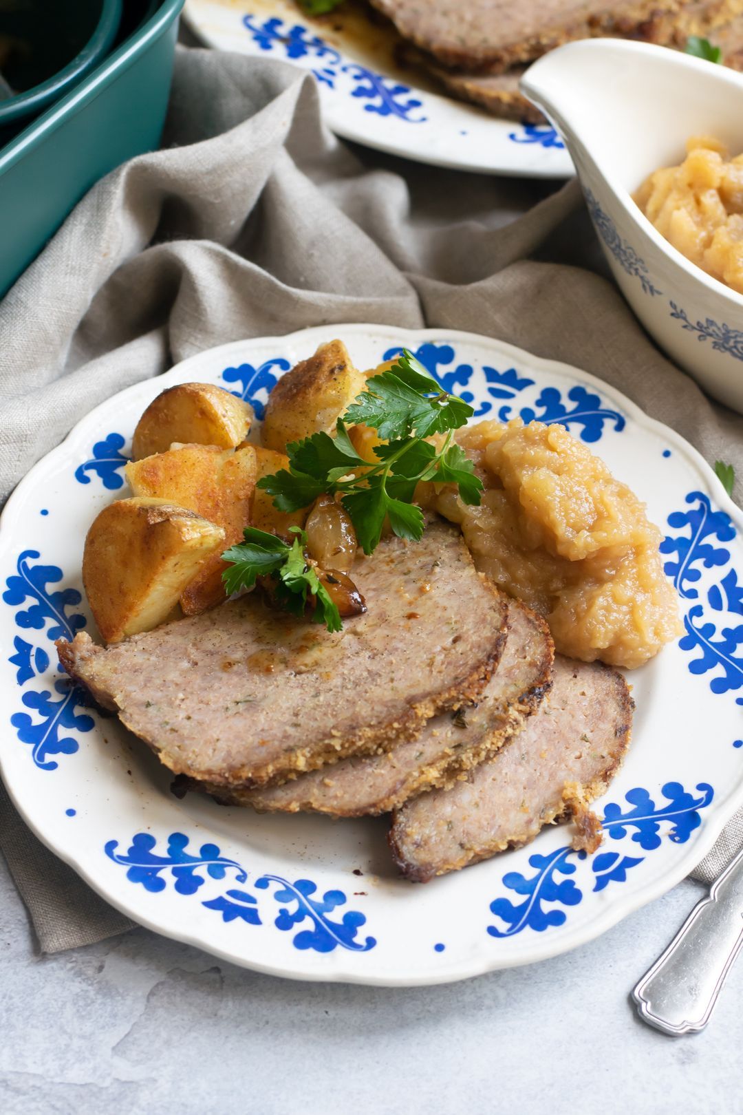 Meatloaf, apple sauce and potatoes