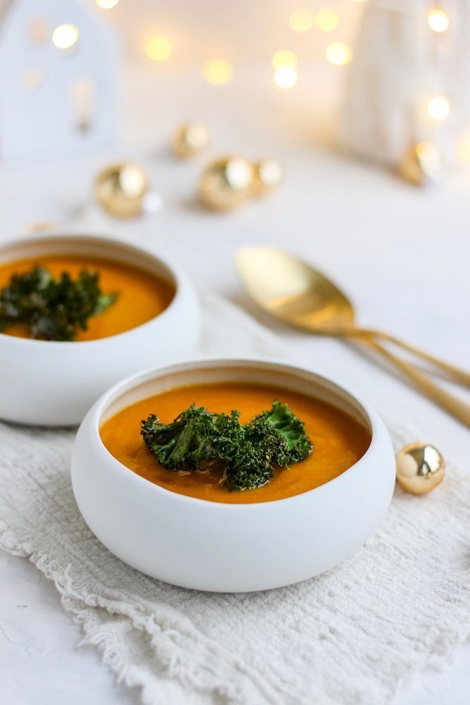 Sweet potato soup with kale chips