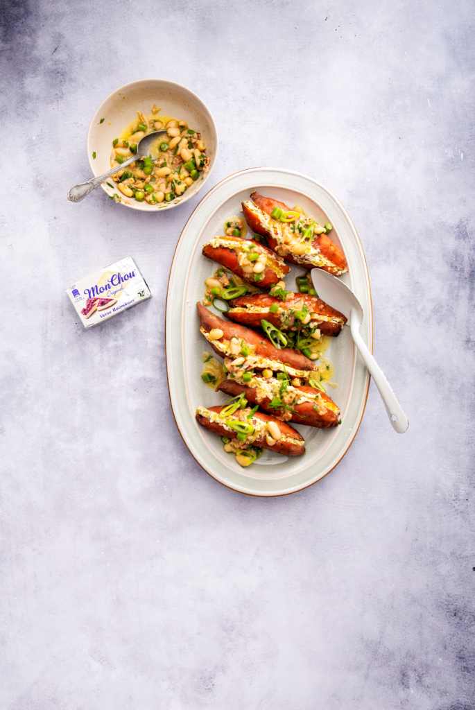Baked sweet potato with monchou filling and bacon bean dressing