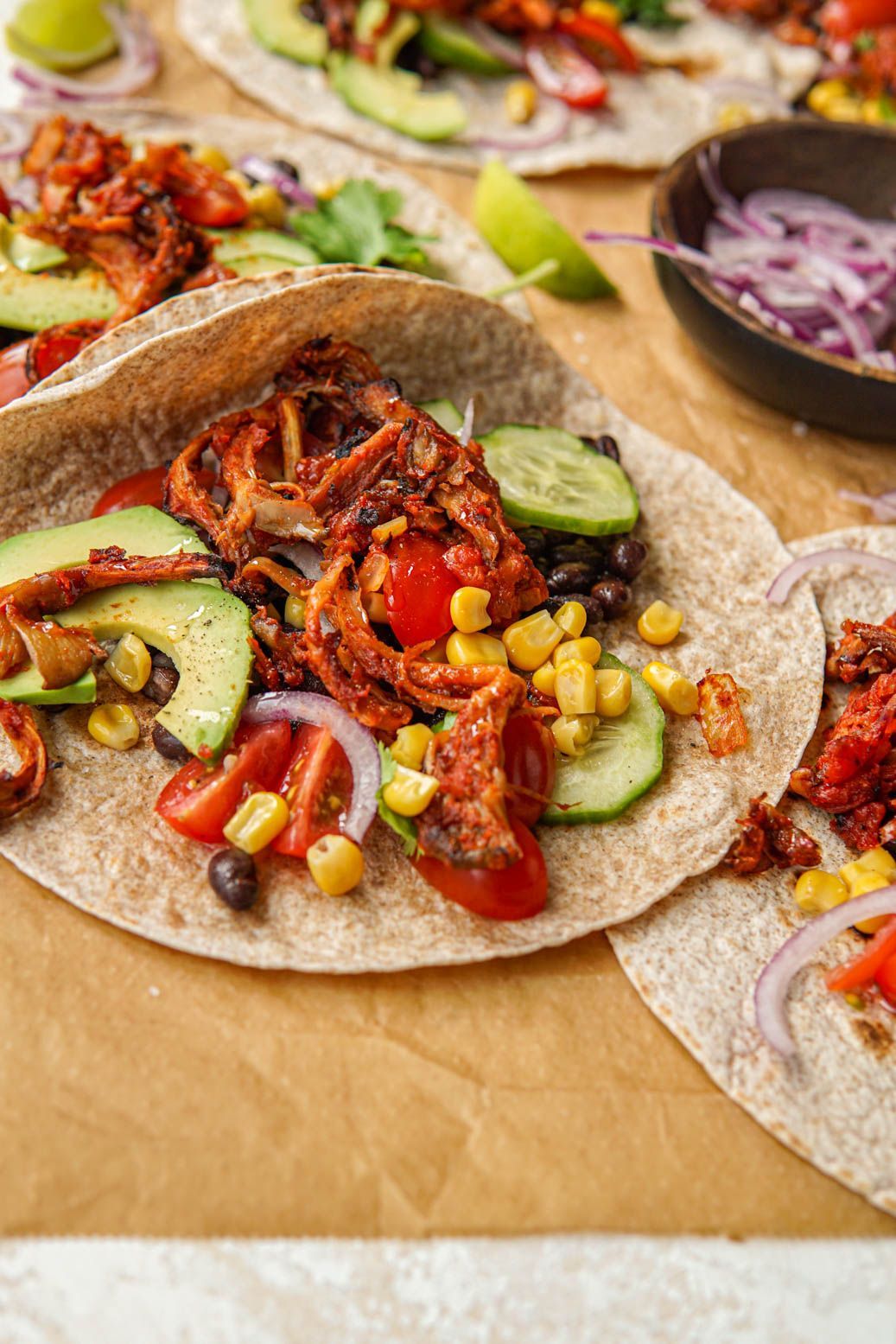 Tex Mex tortillas with pulled oyster mushrooms