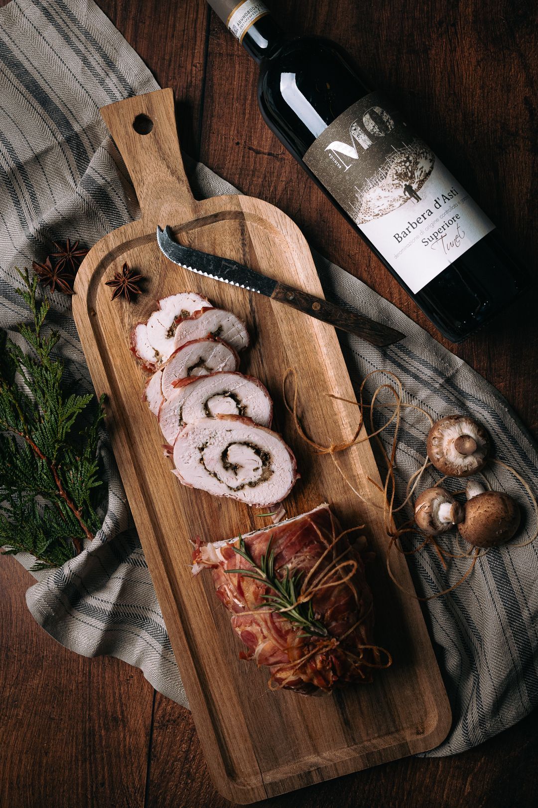 Turkey porchetta with pumpkin gnocchi, wild mushrooms & butter-sage sauce