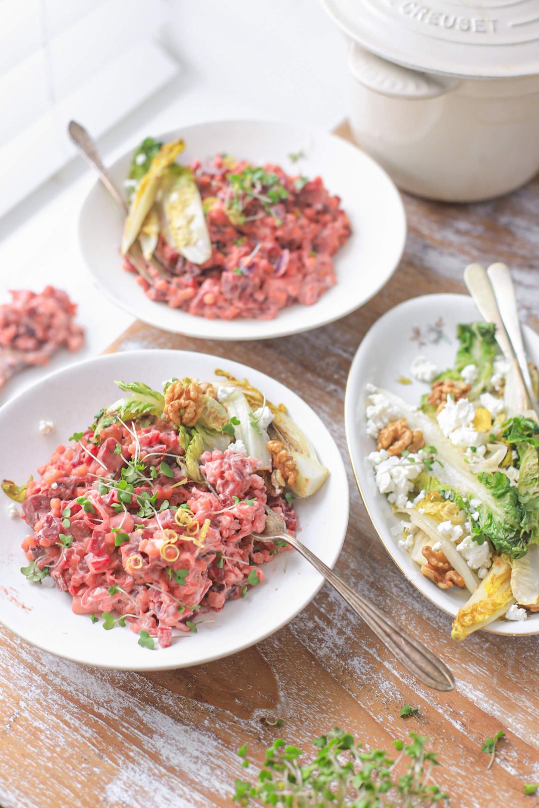 Beetroot couscous, goat cheese, walnuts and lemon