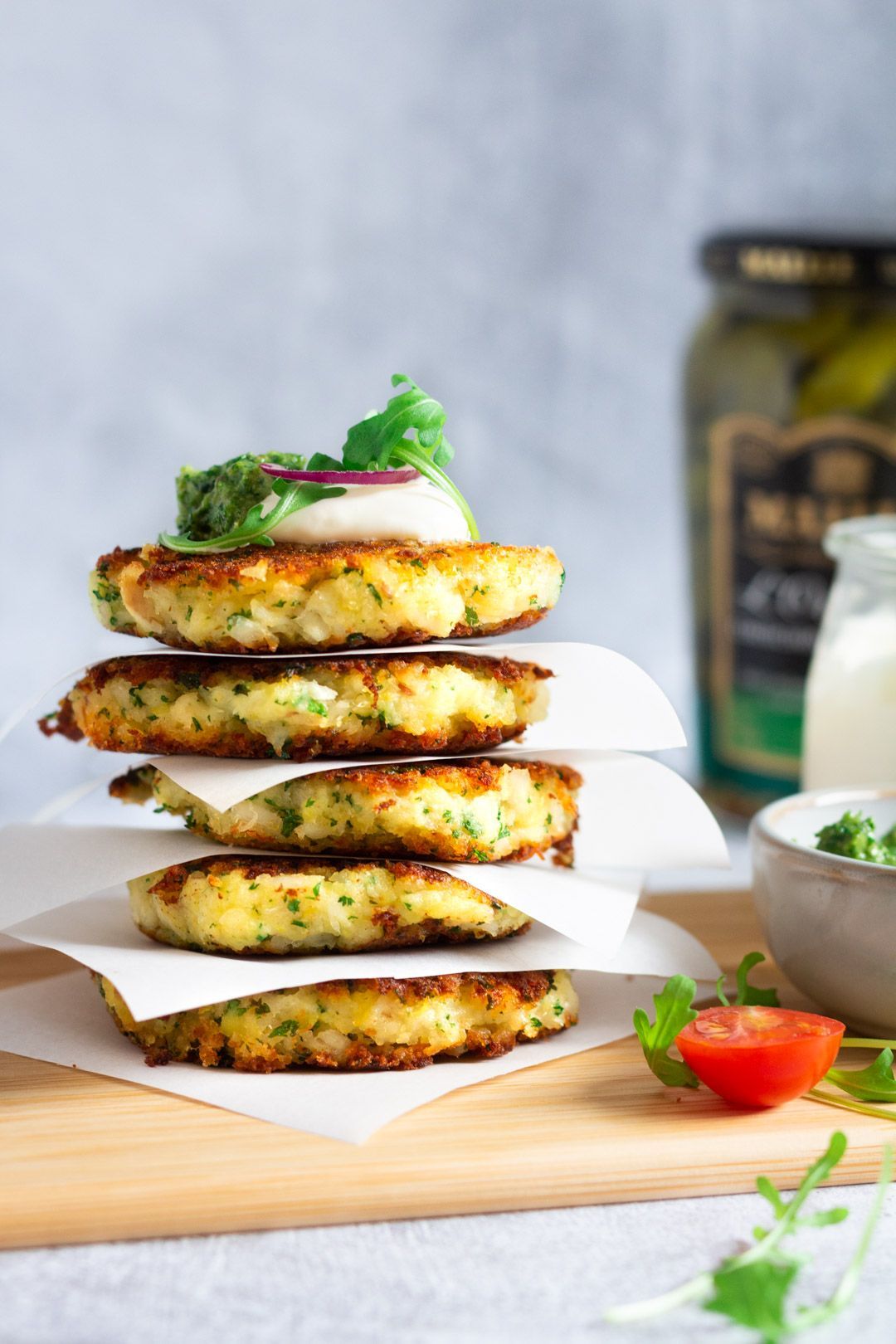 Fish cakes with salsa verde and sour cream
