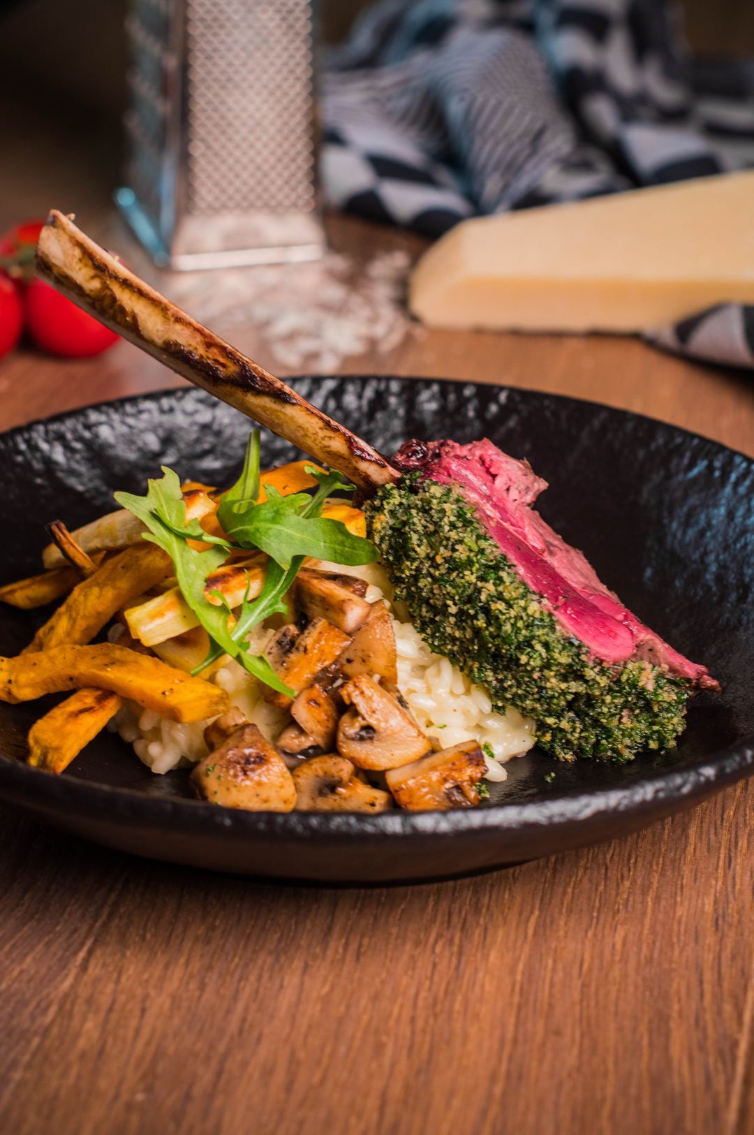 Tomahawk steak from venison with risotto