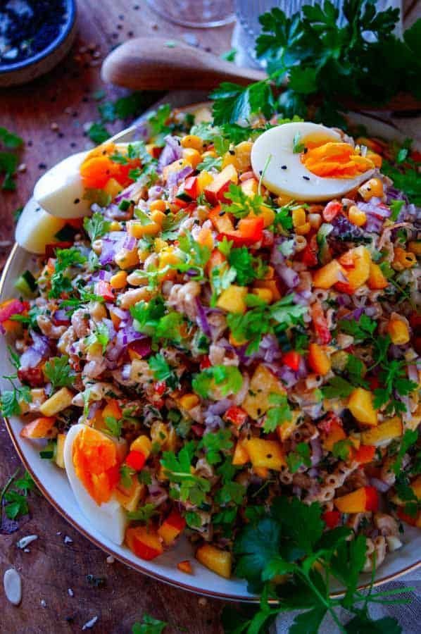 Pasta salad with tuna and peach